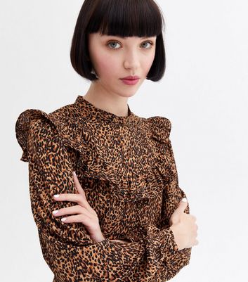 Click to view product details and reviews for Brown Leopard Print Frill Yoke High Neck Tiered Midi Dress New Look.