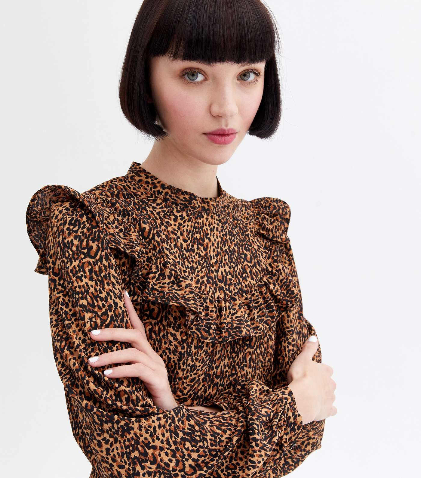Brown Leopard Print Frill Yoke High Neck Tiered Midi Dress Image 2