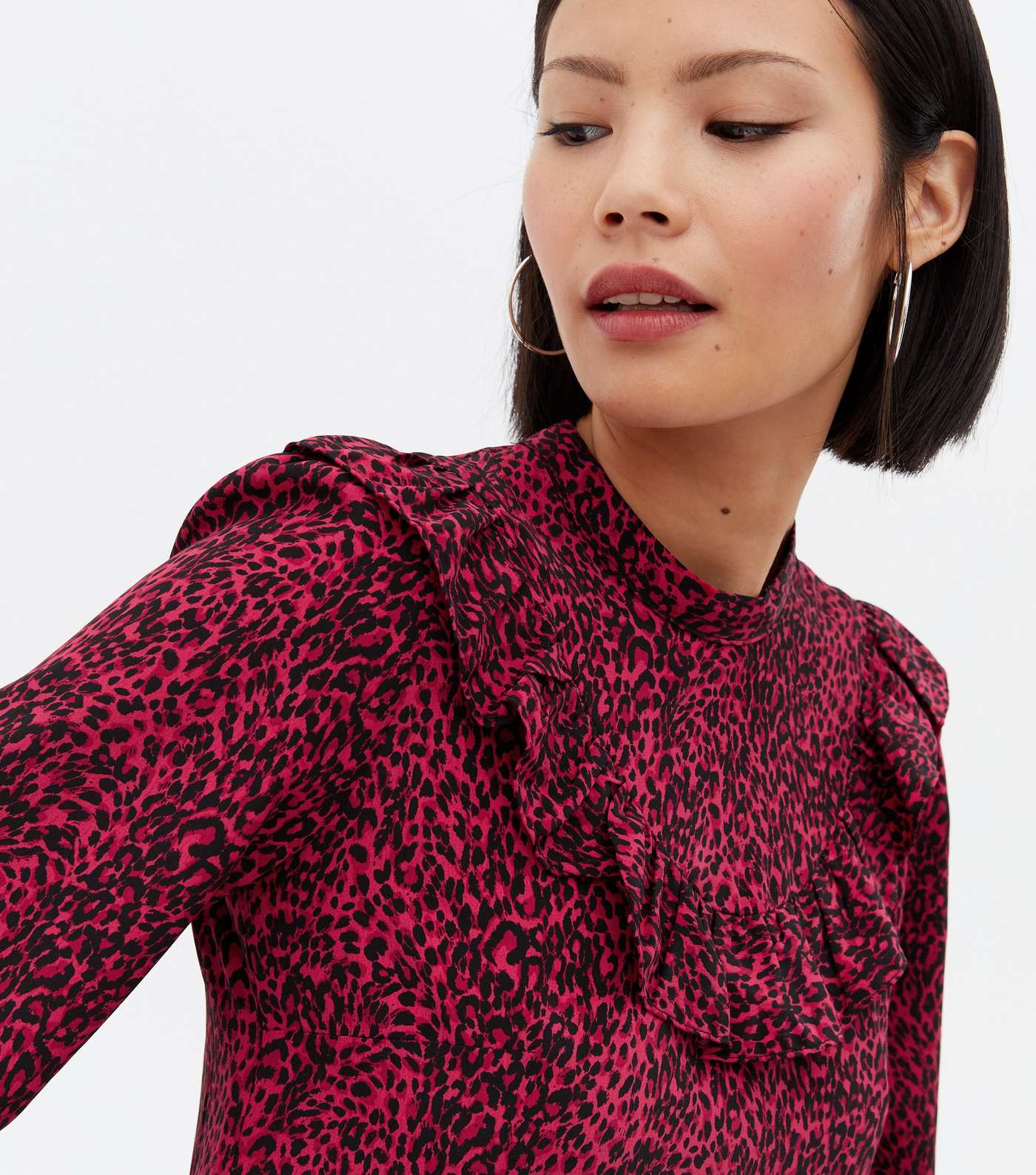 Pink Leopard Print Frill Yoke High Neck Tiered Midi Dress Image 3
