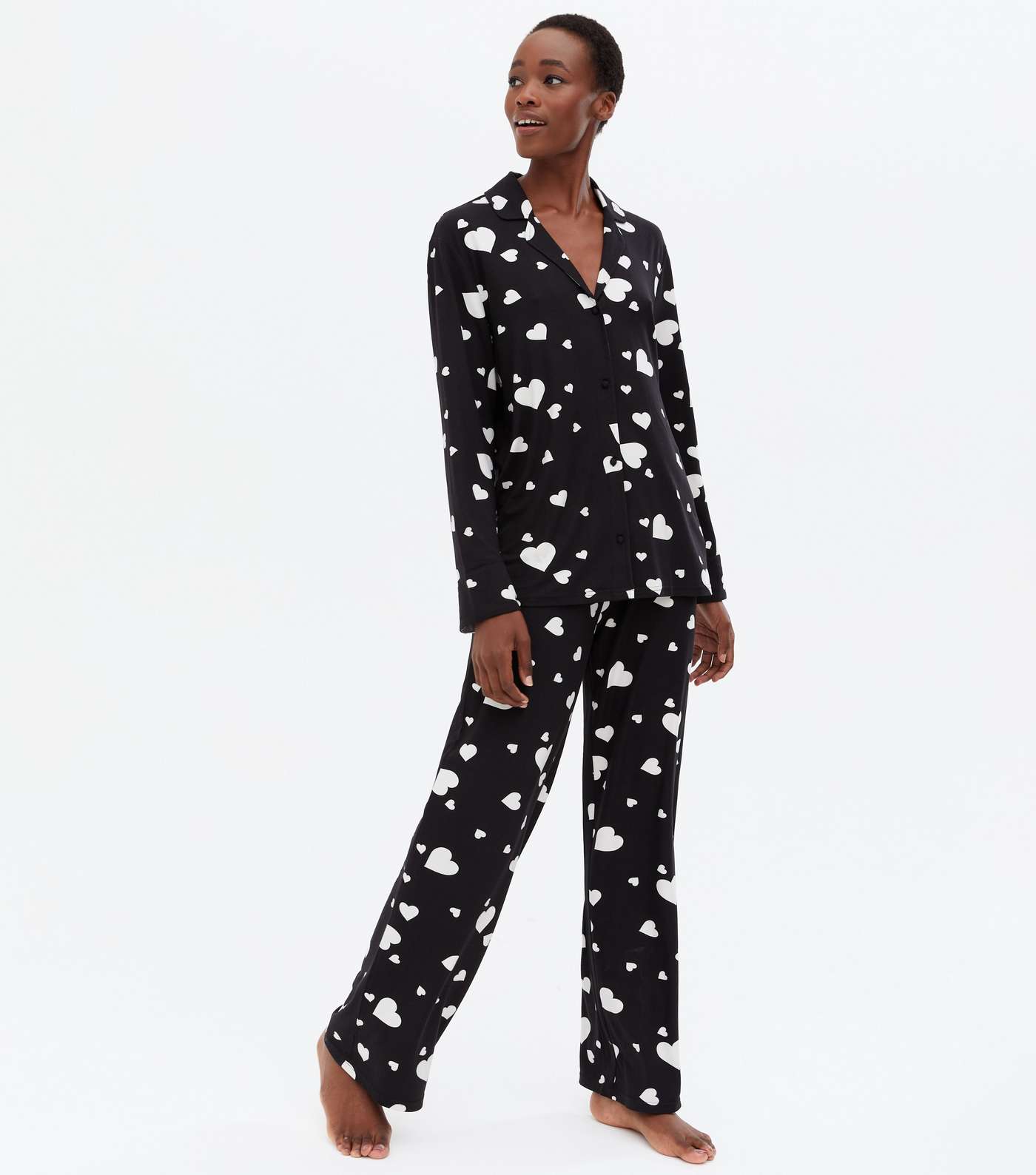 Black Trouser Pyjama Set with Heart Print