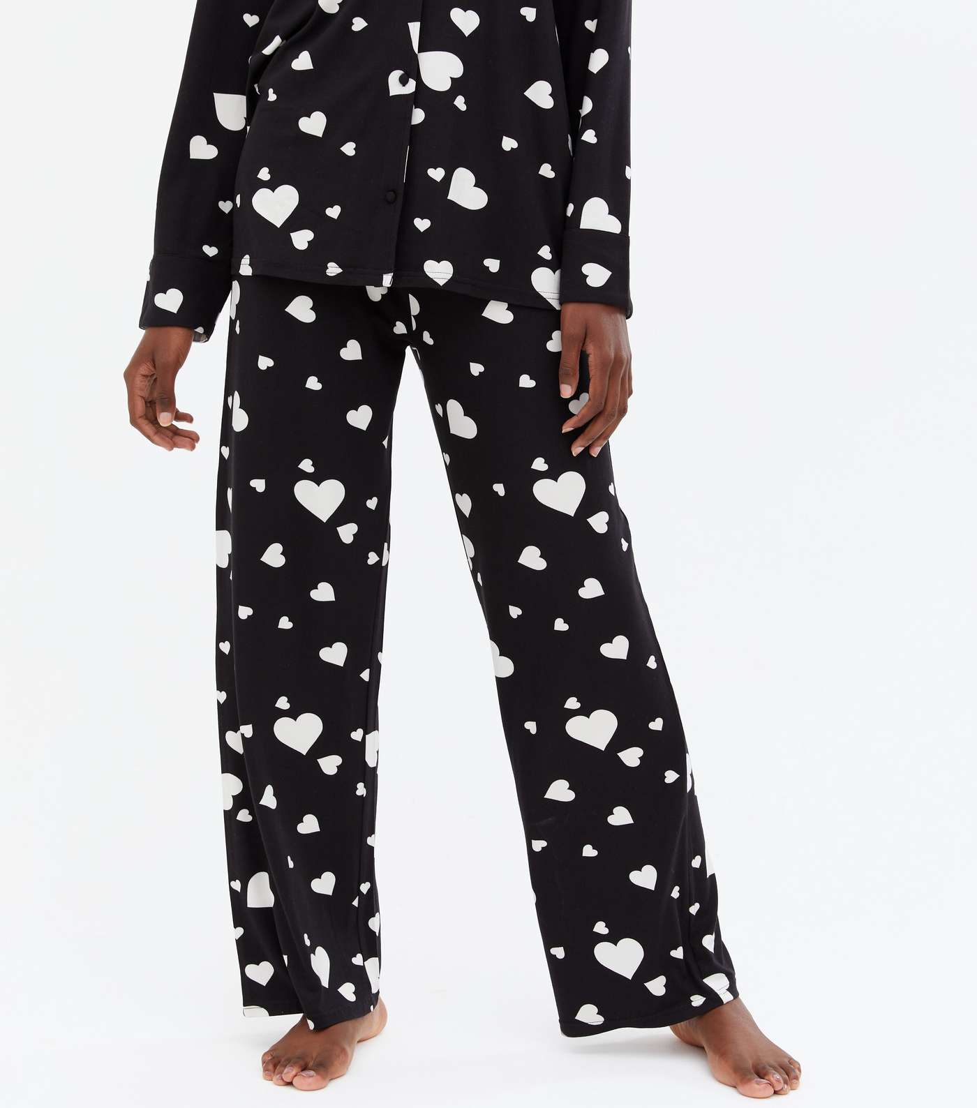 Black Trouser Pyjama Set with Heart Print Image 3