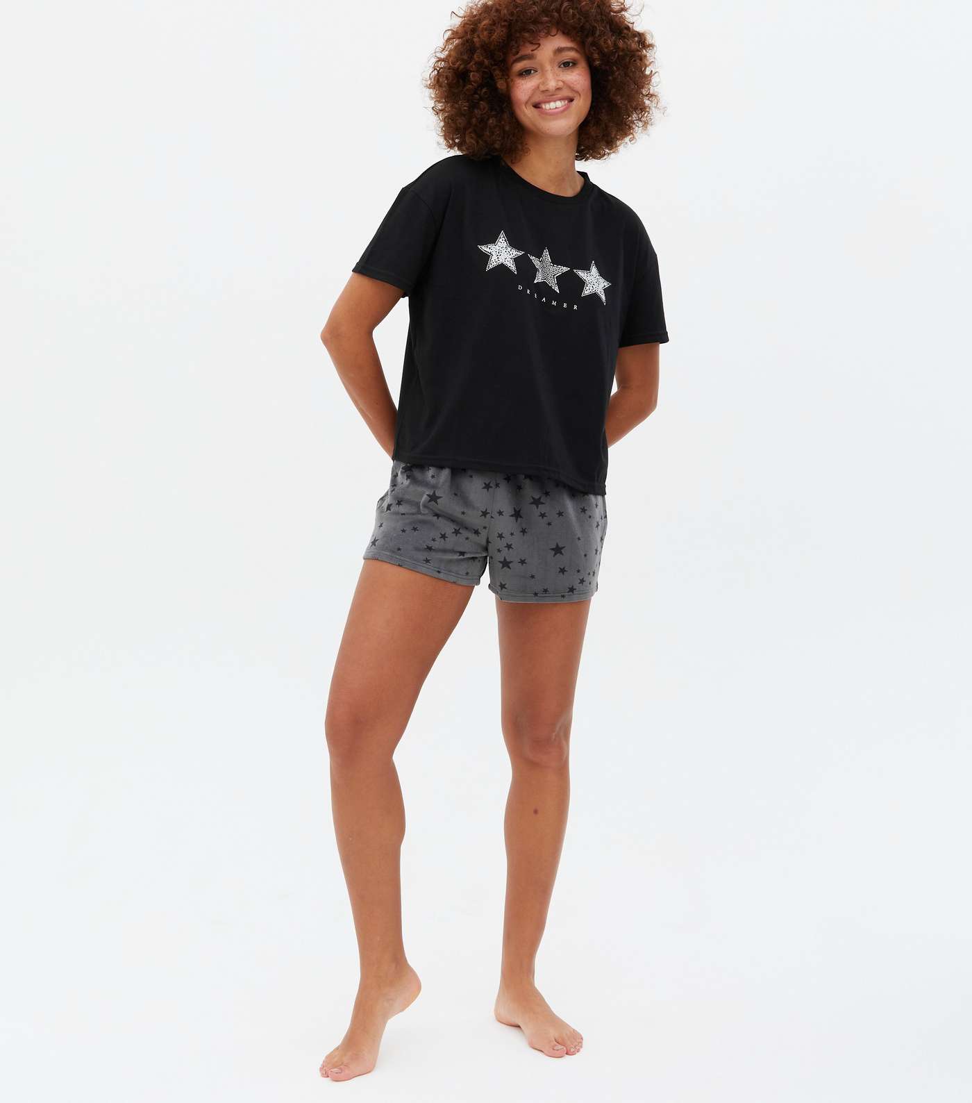 Black T-Shirt and Short Pyjama Set with Star Print Image 2