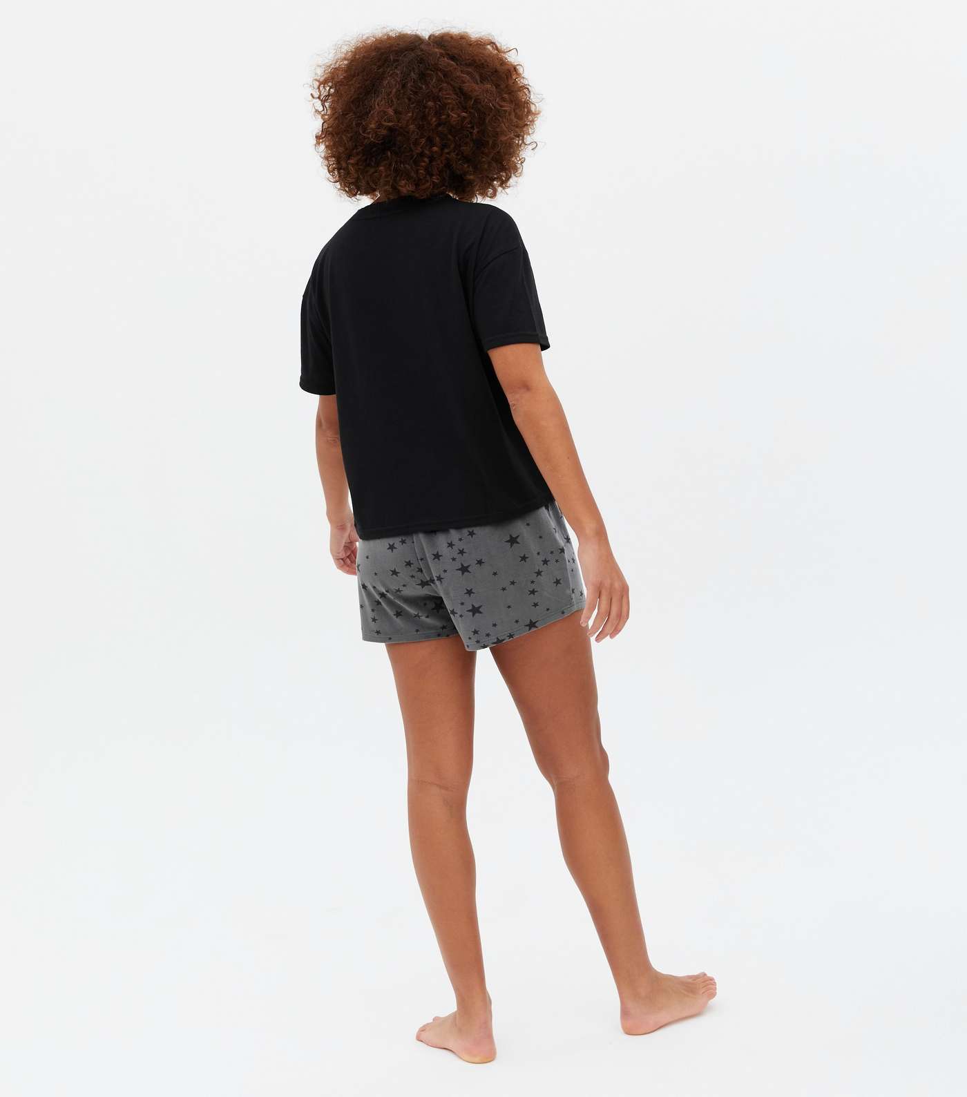 Black T-Shirt and Short Pyjama Set with Star Print Image 4