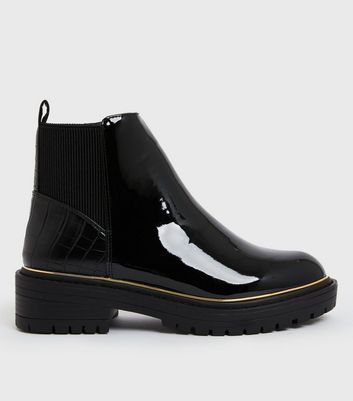 black patent chunky chelsea boots