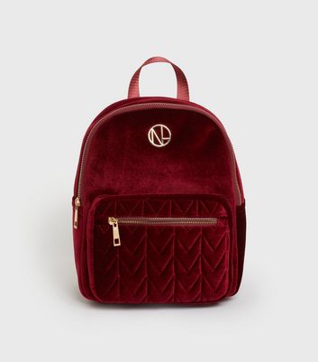 Burgundy Quilted Velvet Backpack | New Look