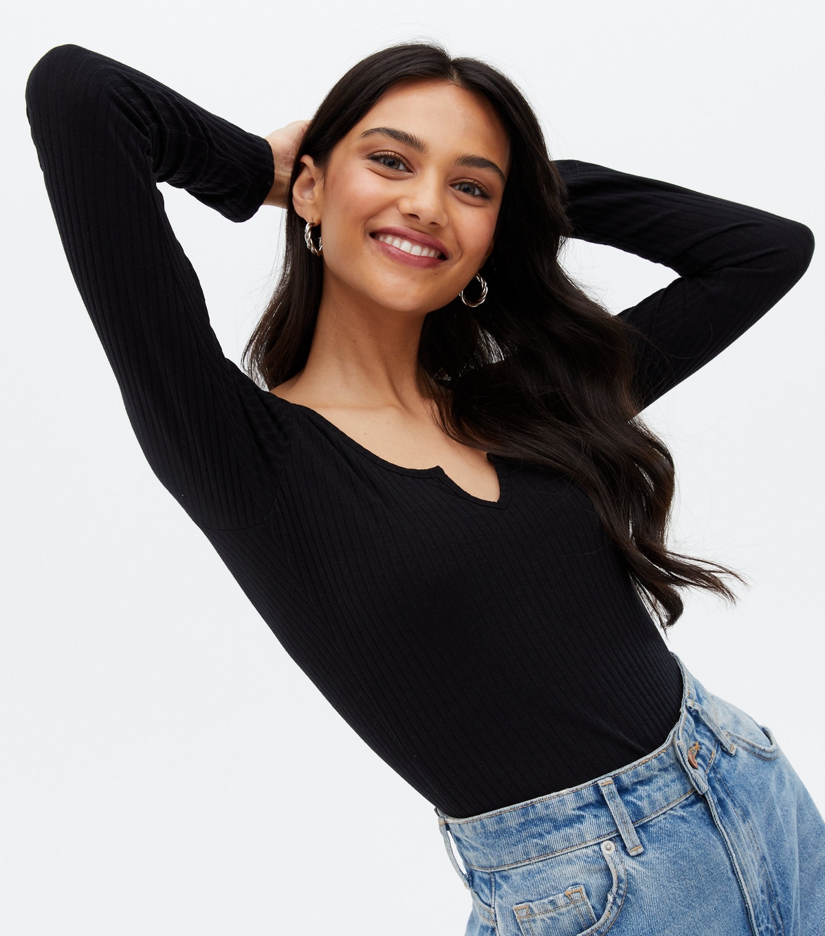 Women's Black Ribbed Notch Neck Bodysuit New Look