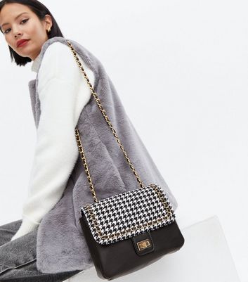 Black Dogtooth Chain Cross Body Bag New Look