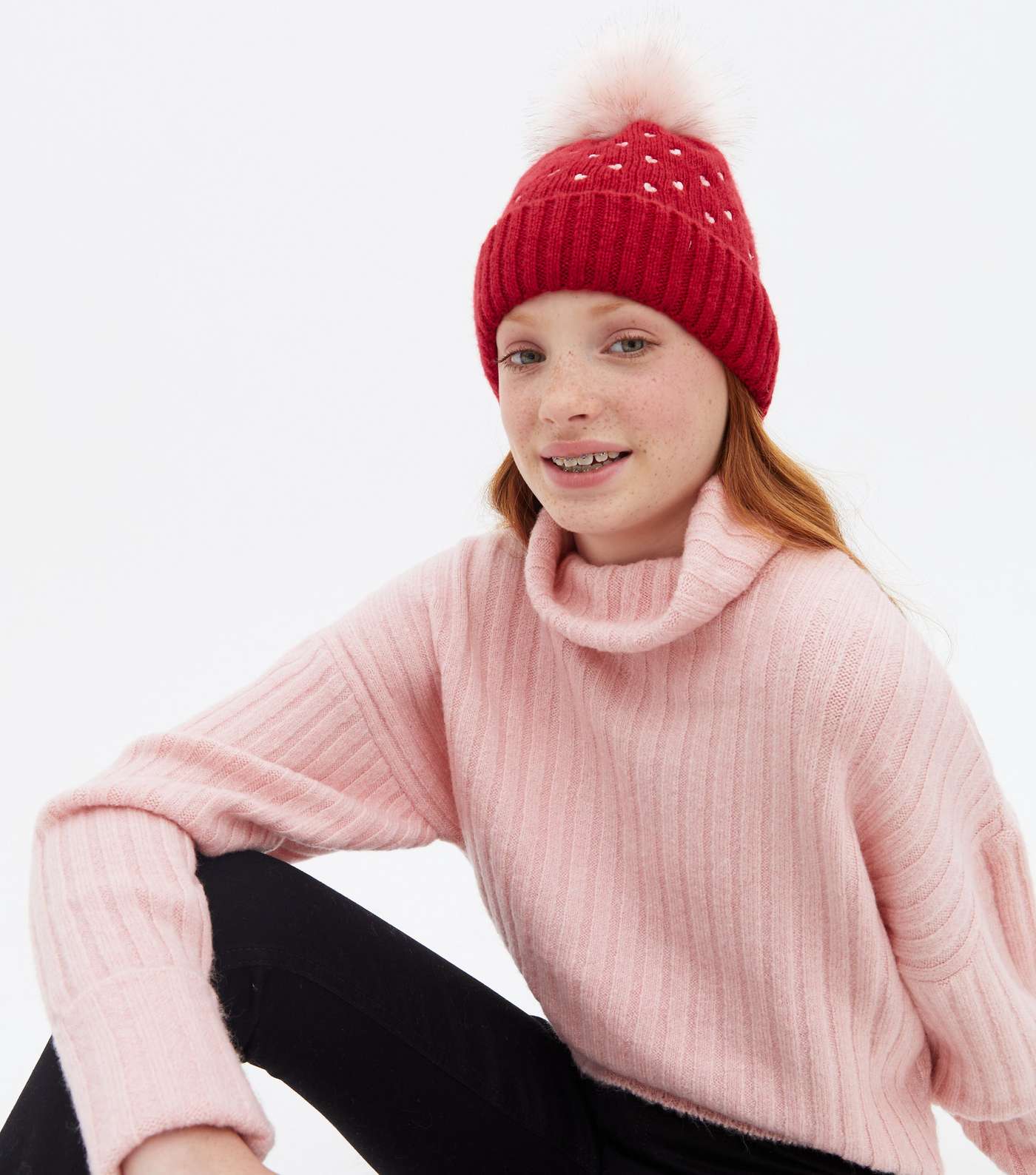 Girls Red Heart Embroidered Bobble Hat