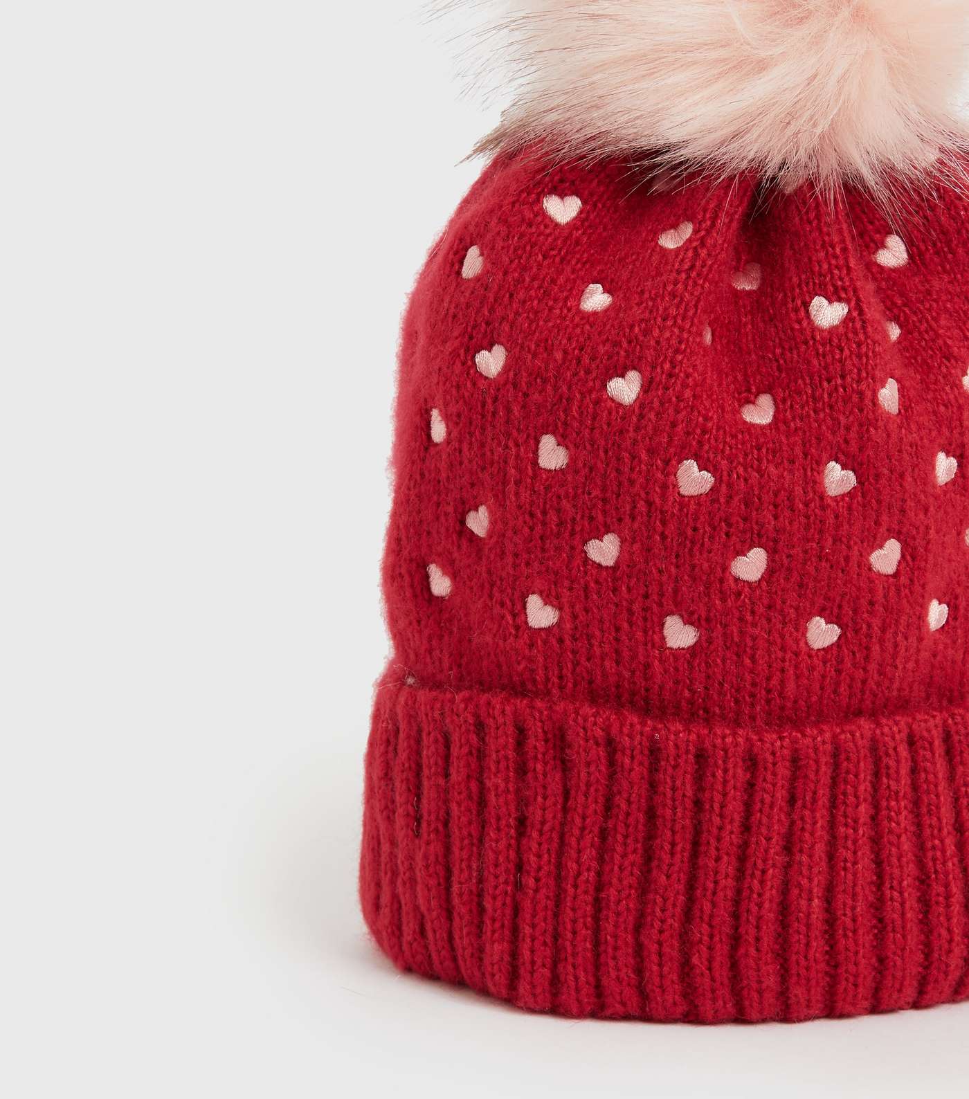 Girls Red Heart Embroidered Bobble Hat Image 3