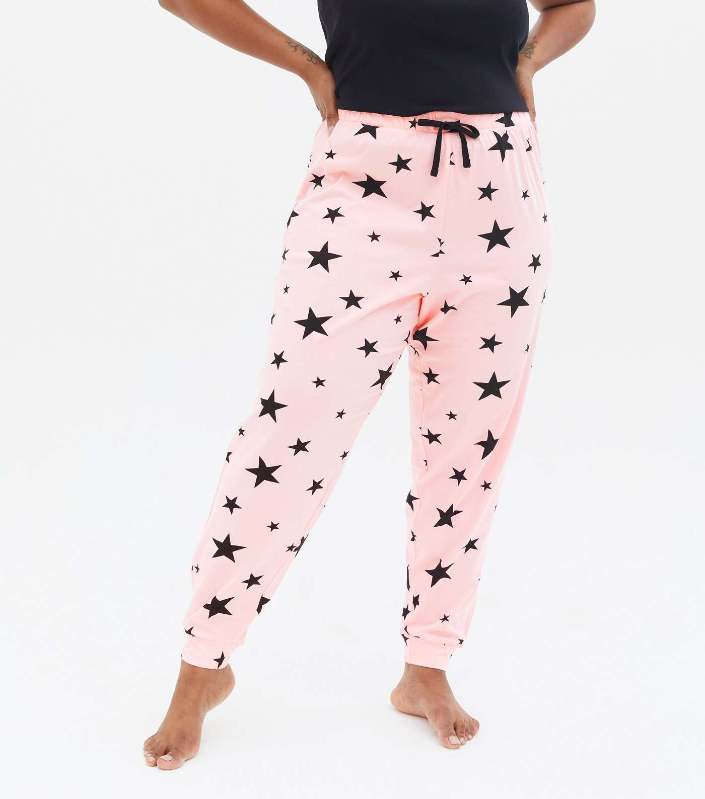 Curves Black Vest and Jogger Pyjama Set with Star Print Image 3