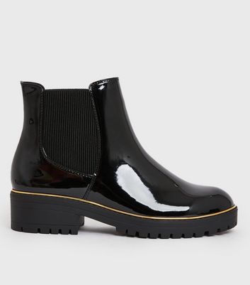 Wide Fit Black Patent Metal Trim Chunky Chelsea Boots New Look Vegan