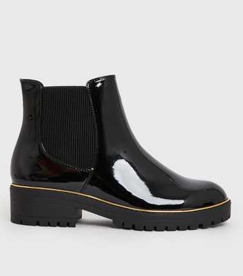 Wide Fit Black Patent Metal Trim Chunky Chelsea Boots