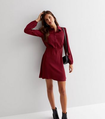 Burgundy Collared Button Front Mini Shirt Dress New Look