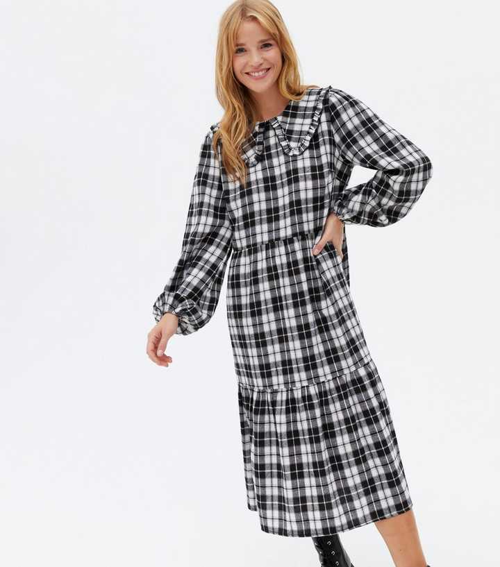 Blue Vanilla Black Check Frill Collar Tiered Midi Dress