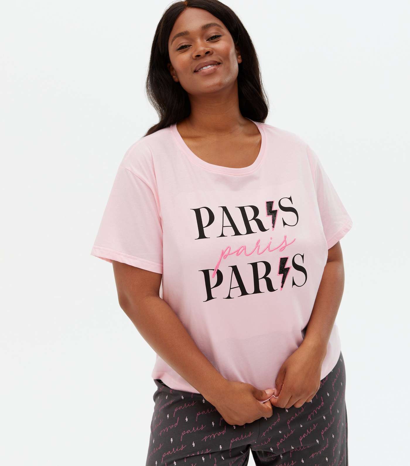 Curves Pink Paris Sequin Logo Jogger Pyjama Set Image 2