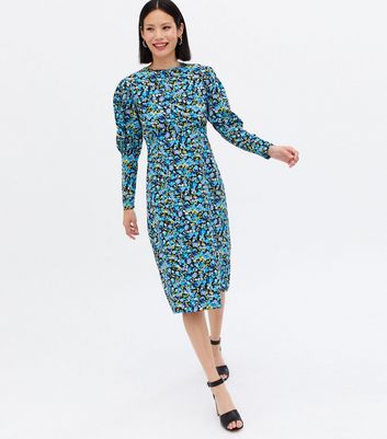 Blue Vanilla Blue Floral Puff Sleeve Midi Dress New Look