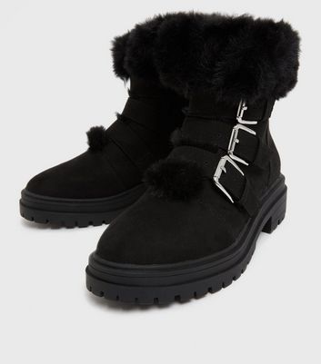 shop for Black Faux Fur Trim Chunky Ankle Boots New Look Vegan at Shopo
