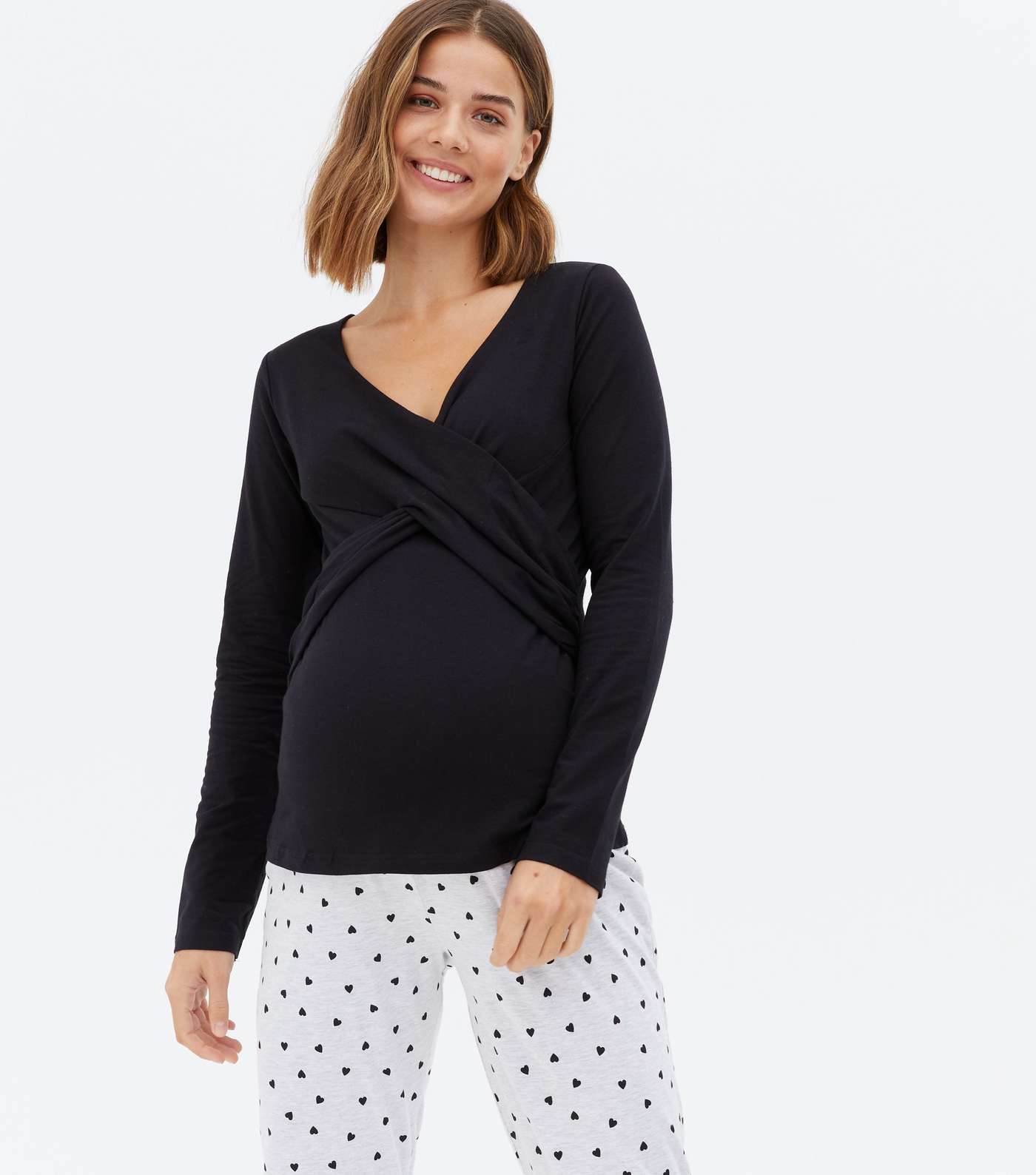 Maternity Black Jogger Pyjama Set with Heart Print Image 2