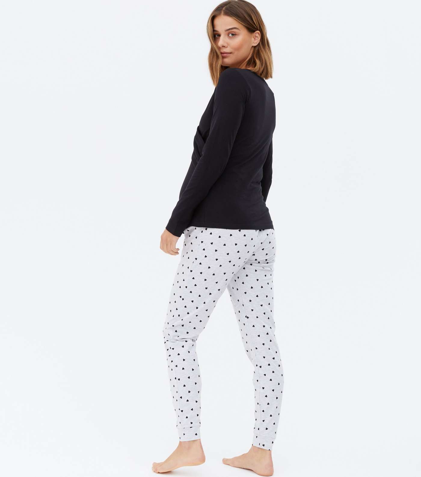 Maternity Black Jogger Pyjama Set with Heart Print Image 4