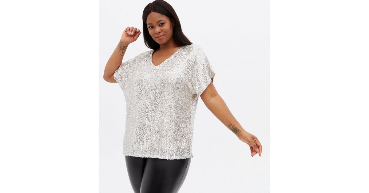 New Look Curves Silver Sequin Stripe T-Shirt