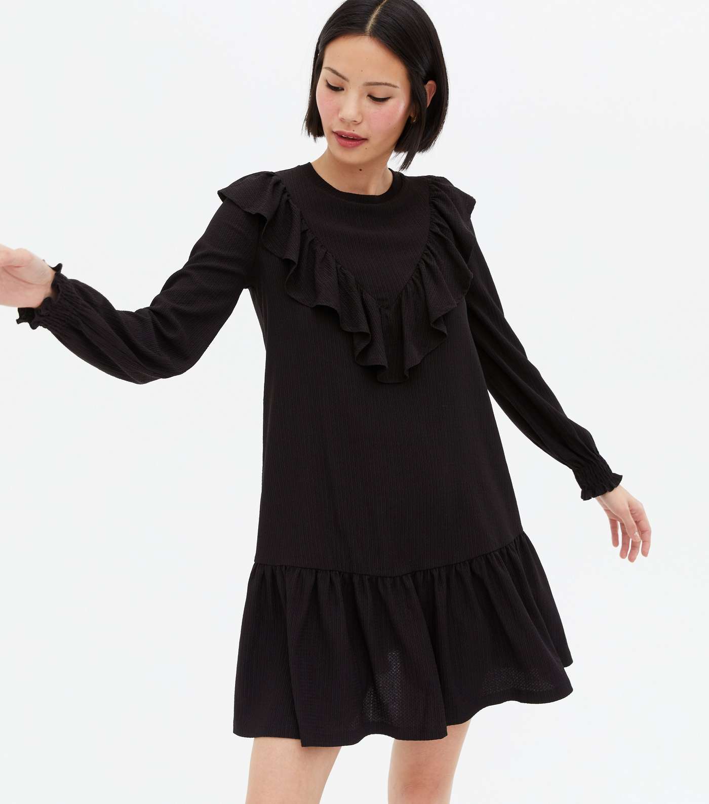 Black Crinkle Jersey Frill Yoke Tiered Mini Dress