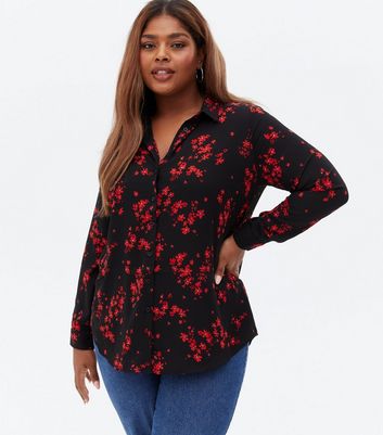 Curves Black Floral Button Up Long 