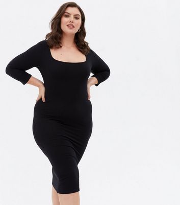 Curves Black Ribbed Square Neck Midi 