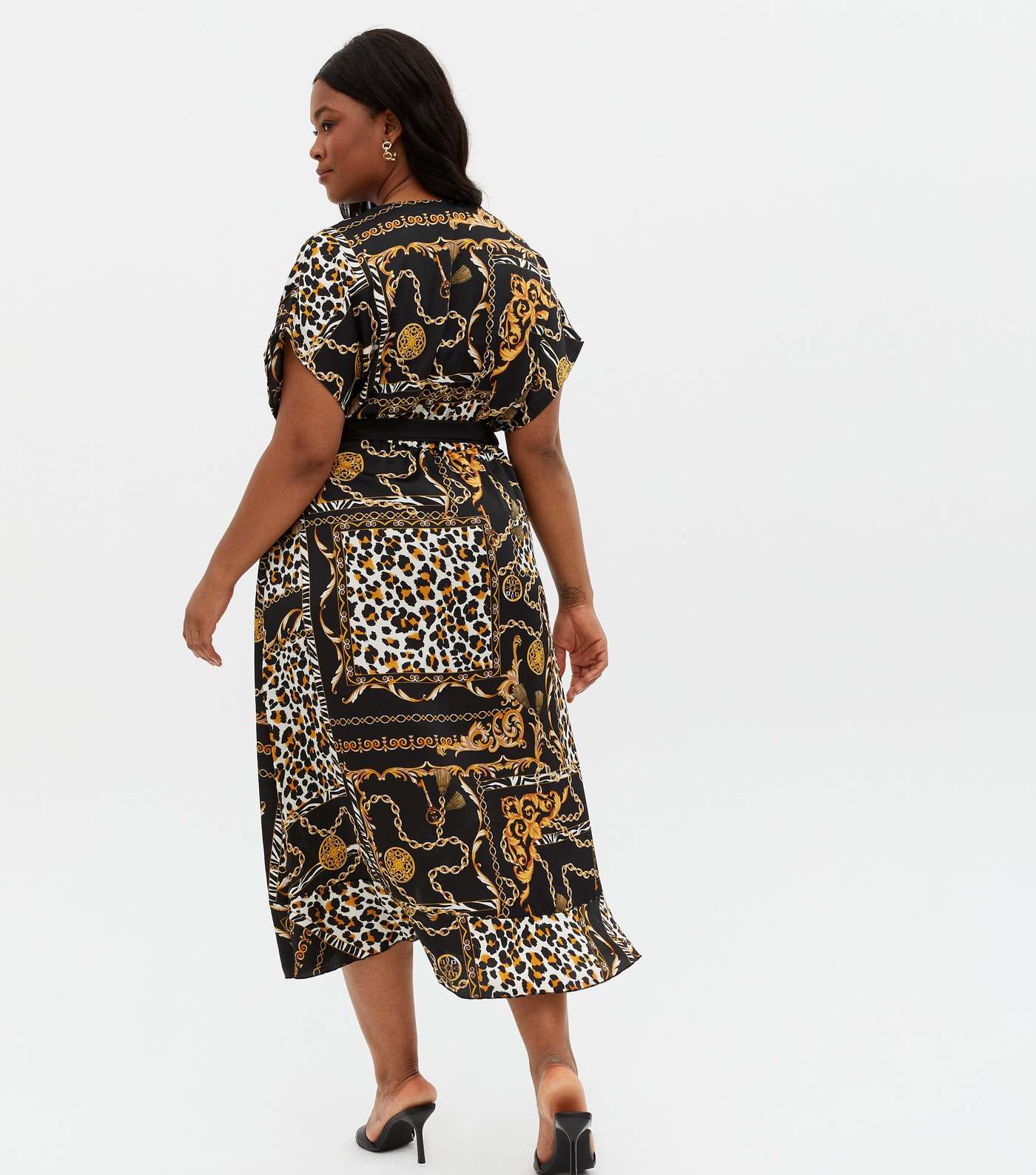 Curves Black Chain Leopard Print Satin Midi Wrap Dress Image 4