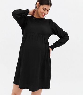 Maternity Black Crinkle Long Sleeve Mini Oversized Smock Dress New Look