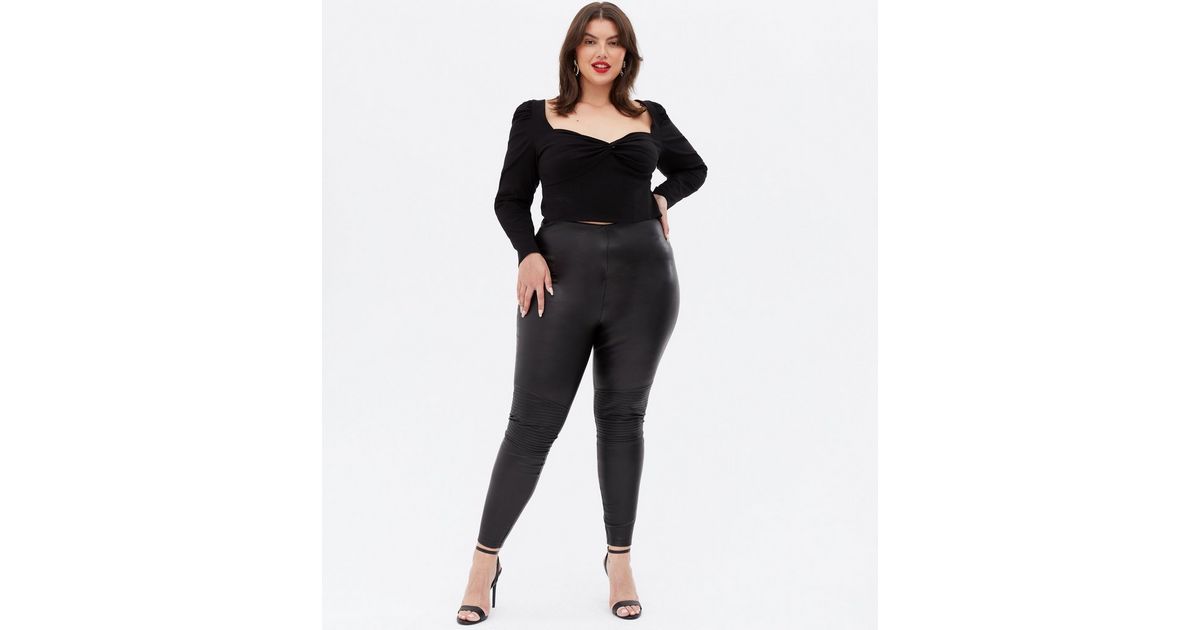 Curves Black Leather Look Biker Leggings New Look 