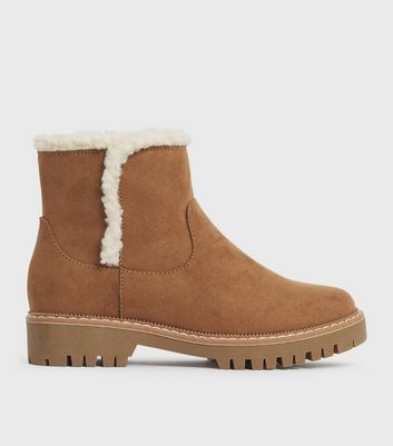 Wide Fit Tan Suedette Faux Shearling Lined Ankle Boots New Look