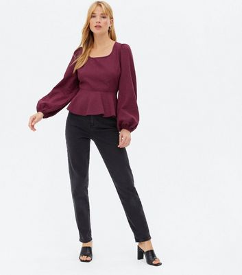 Burgundy Gingham Tie Back Peplum Blouse New Look