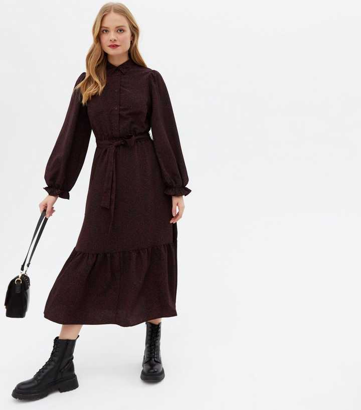 Burgundy Leopard Print Belted Tiered Midi Shirt Dress