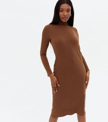 high neck midi dress with sleeves