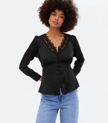 Black Satin Lace Button Front Tea 