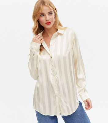 Off White Stripe Satin Long Shirt | New Look