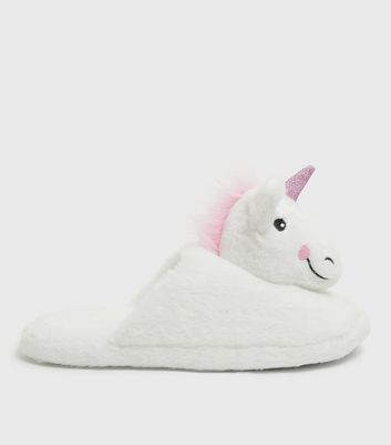 Girls White Unicorn Faux Fur Mule Slippers