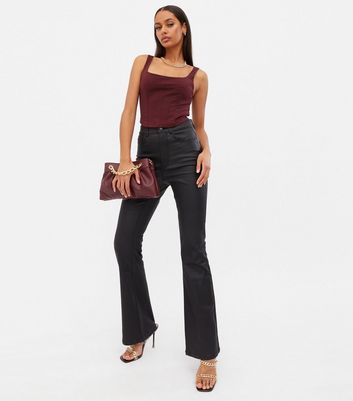 Click to view product details and reviews for Burgundy Satin Square Neck Corset Crop Top New Look.