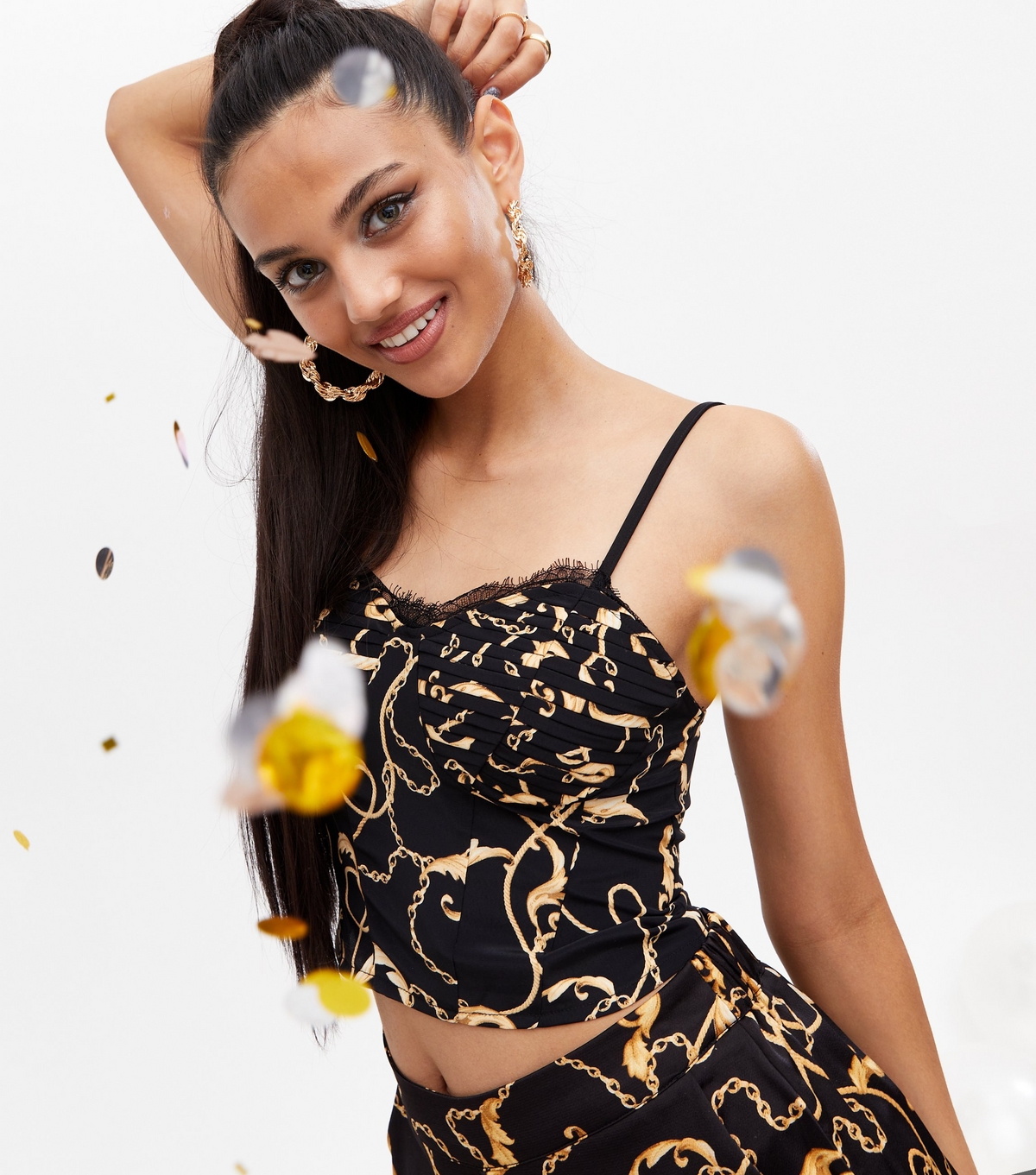 Women's Black Chain Chiffon Lace Trim Pleated Cami New Look