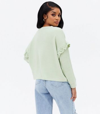 Petite Light Green Fine Knit Frill Sleeve Jumper New Look