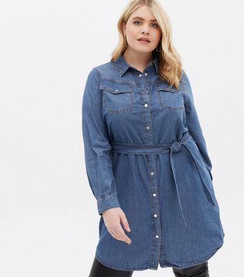 Curves Blue Denim Belted Long Shirt 