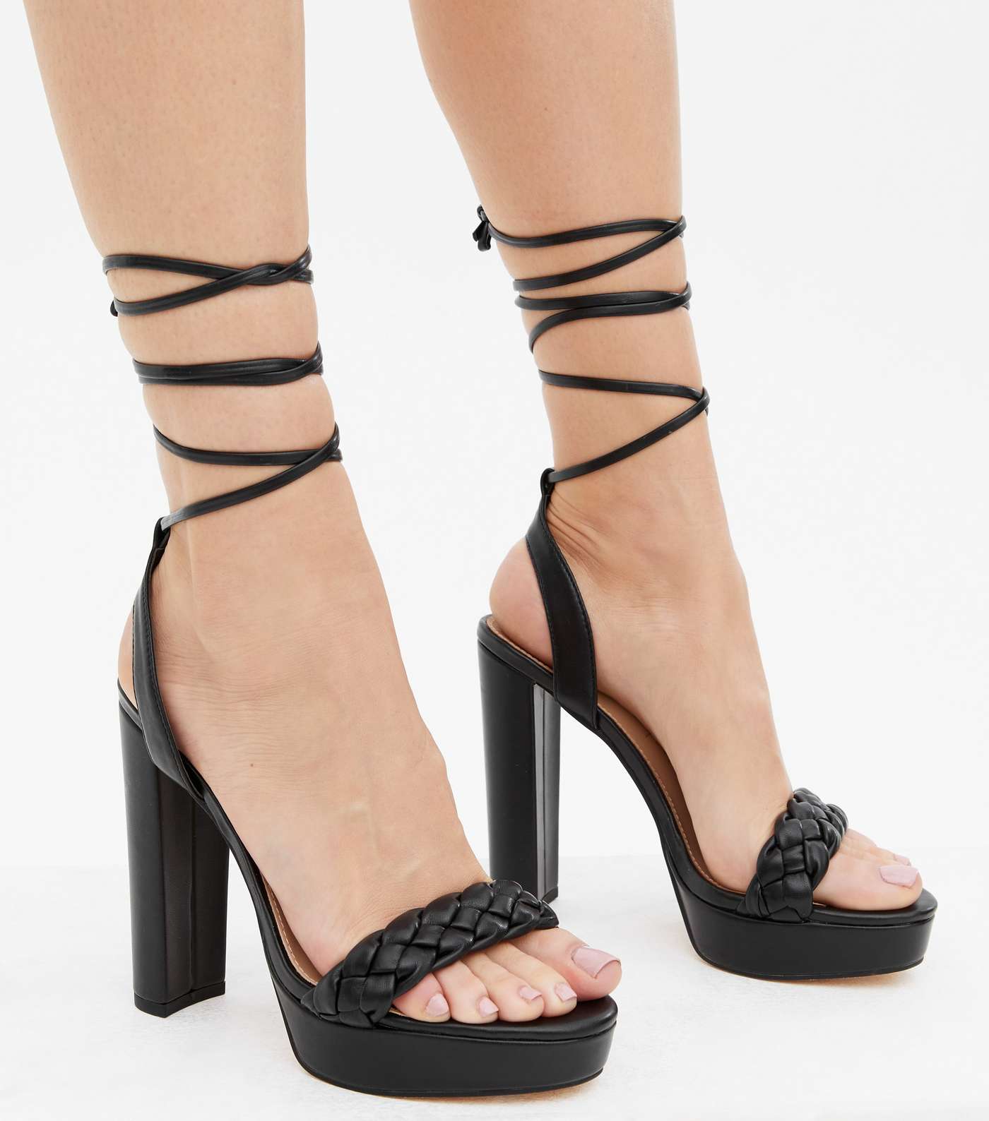 Black Plaited Strap Block Heel Sandals Image 2