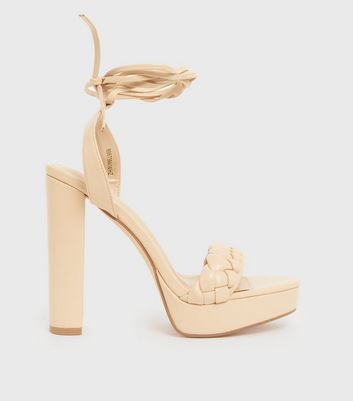 New Look Cream leather look stiletto sandal heels in cream | ASOS