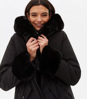 Blue Vanilla Women's Black Faux Fur Trim Hooded Parka Jacket New Look - UK 10