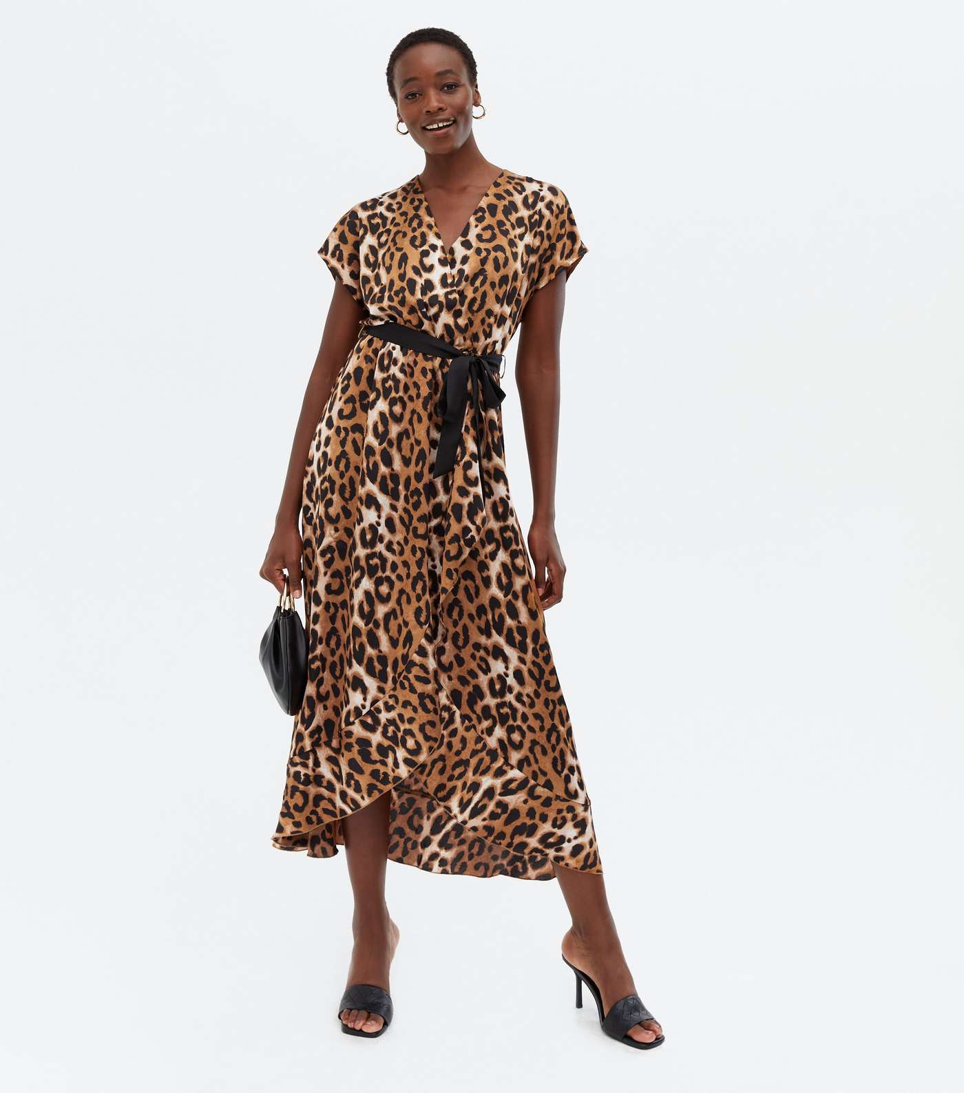 Tall Brown Leopard Print Satin Ruffle Midi Wrap Dress