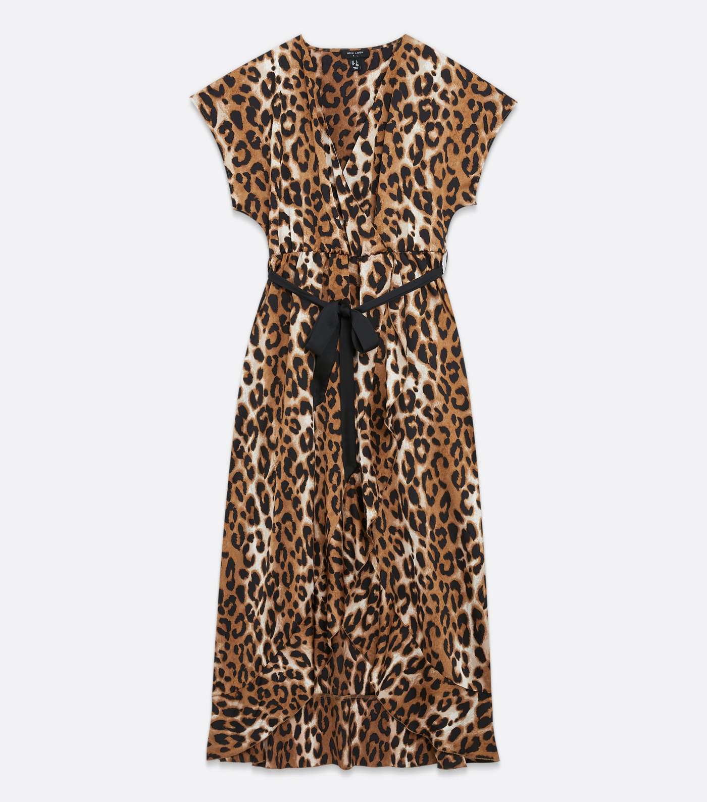 Tall Brown Leopard Print Satin Ruffle Midi Wrap Dress Image 5