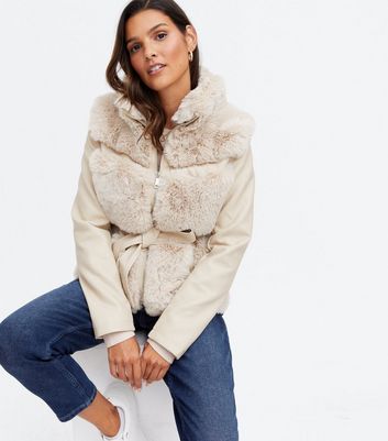 Blue Vanilla Stone Leather-Look Faux Fur Trim Jacket | New Look