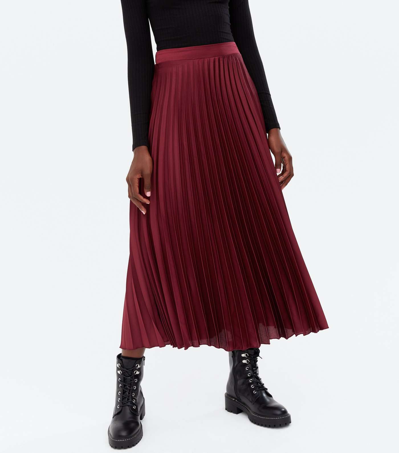 Tall Burgundy Satin Pleated Midi Skirt Image 2