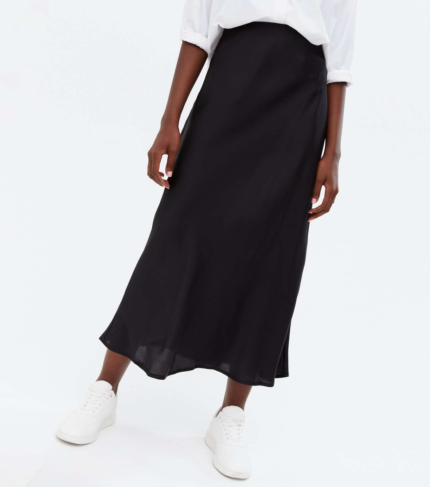 Tall Black Satin Bias Cut Midi Skirt Image 2