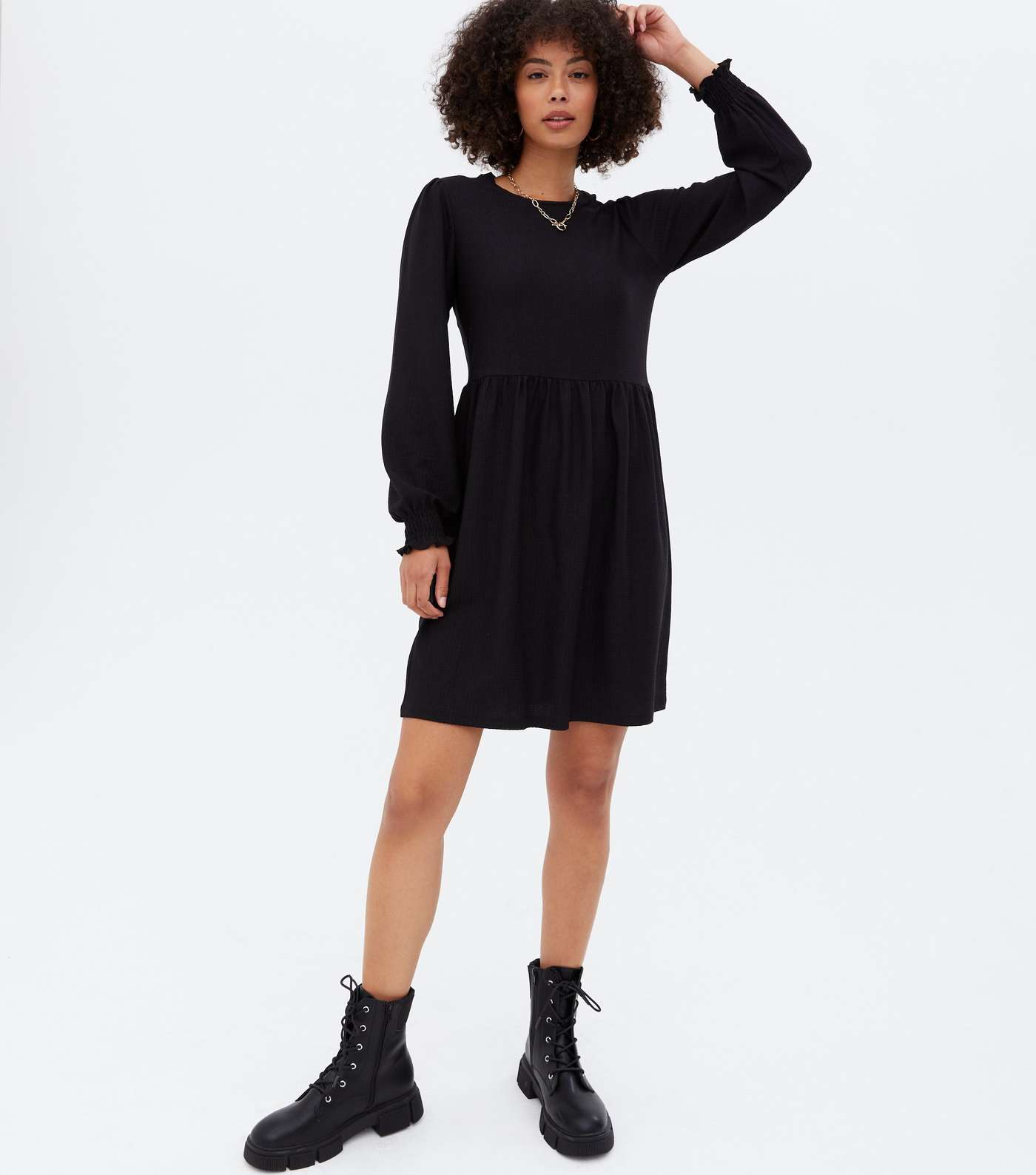 Tall Black Crinkle Jersey Long Sleeve Mini Oversized Smock Dress Image 3